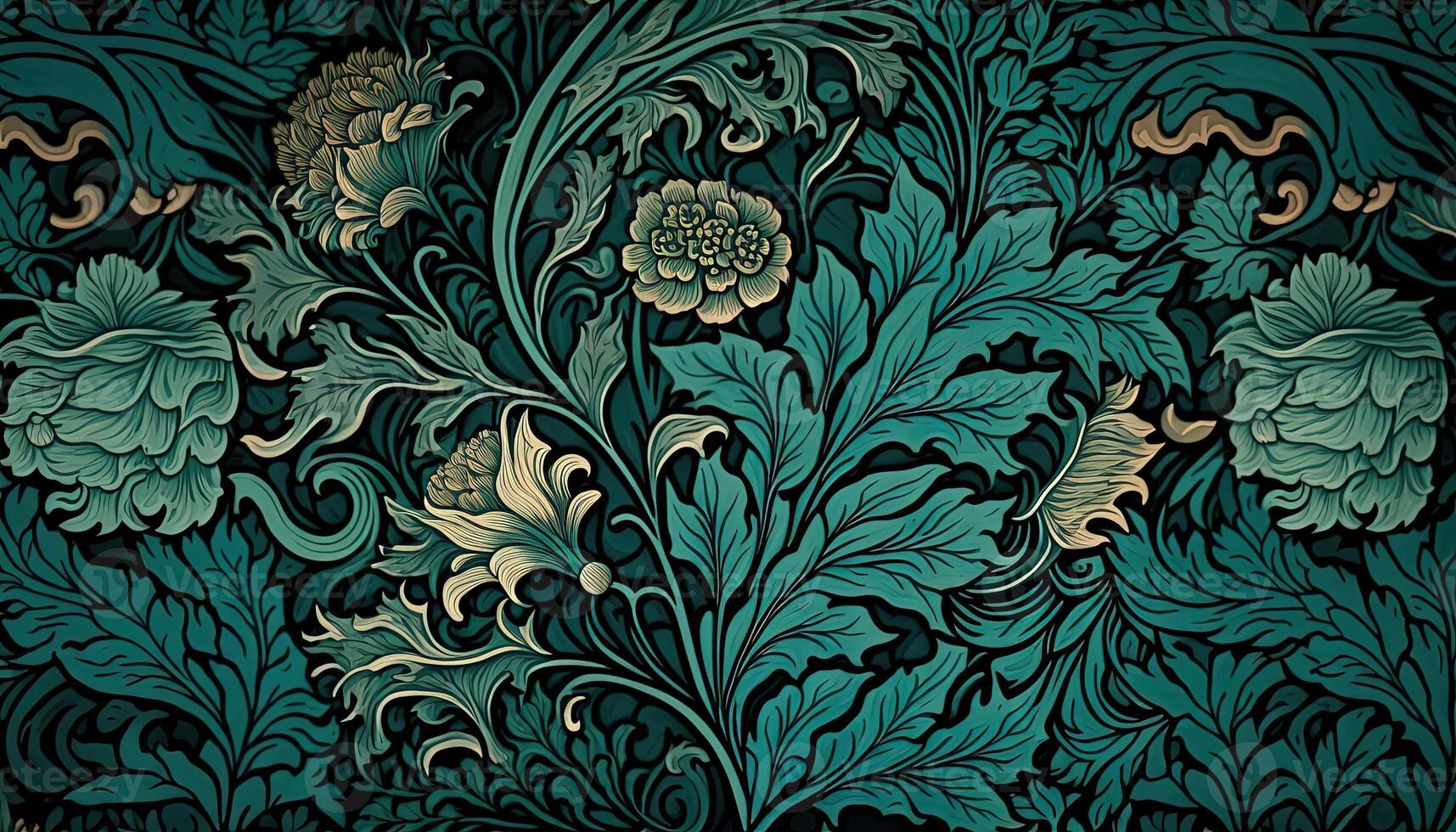 generativo ai, floral cerceta, verde azul padronizar. William Morris inspirado natural plantas e flores fundo, vintage ilustração. folhagem ornamento. foto