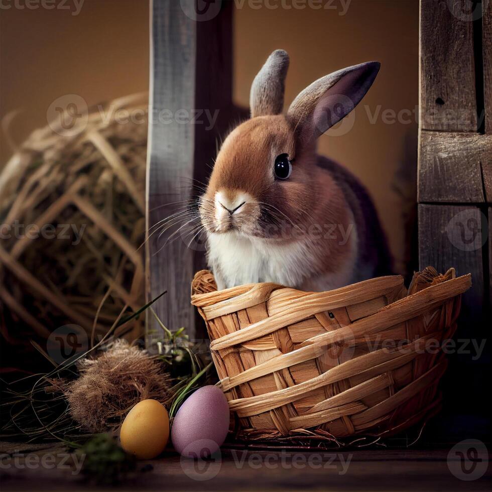 fofo Páscoa Coelho com uma cesta do festivo Páscoa ovos - ai gerado imagem foto