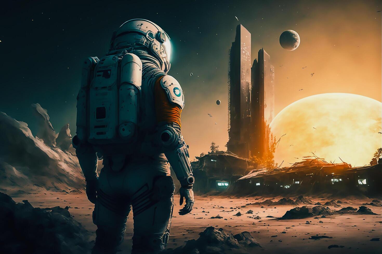 futurista astronauta em pé em a lua com Novo cidade, generativo ai foto