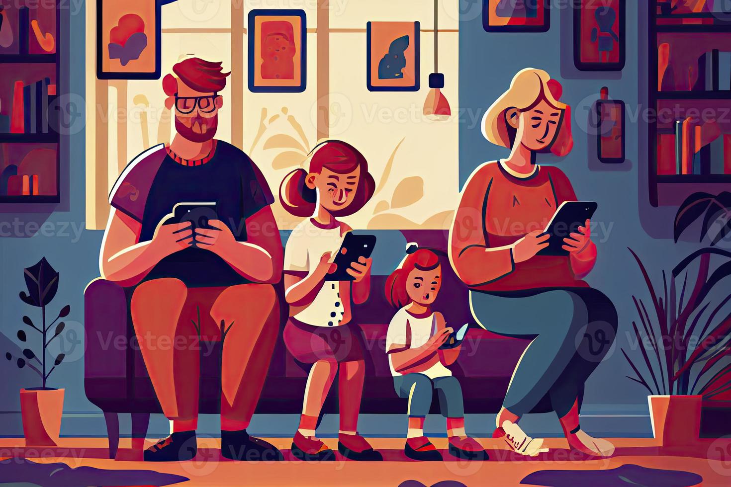 família usando smartphones e comprimidos, pais e crianças com telefones. social meios de comunicação vício foto