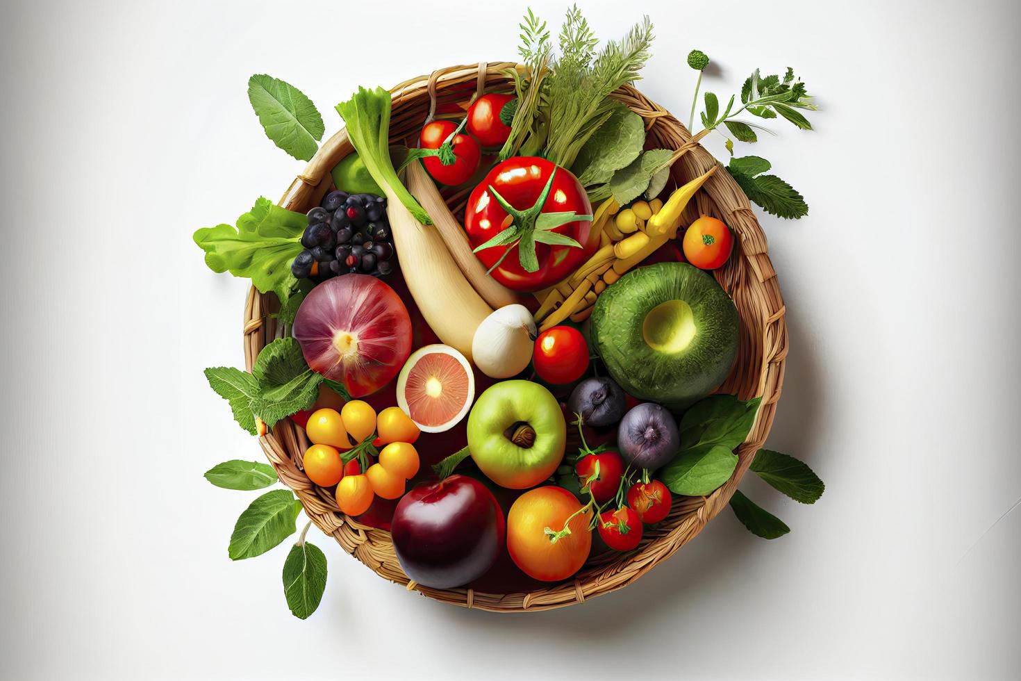 saudável Comida dentro uma cesta, estúdio tiro do diferente frutas e legumes isolado em uma branco fundo foto