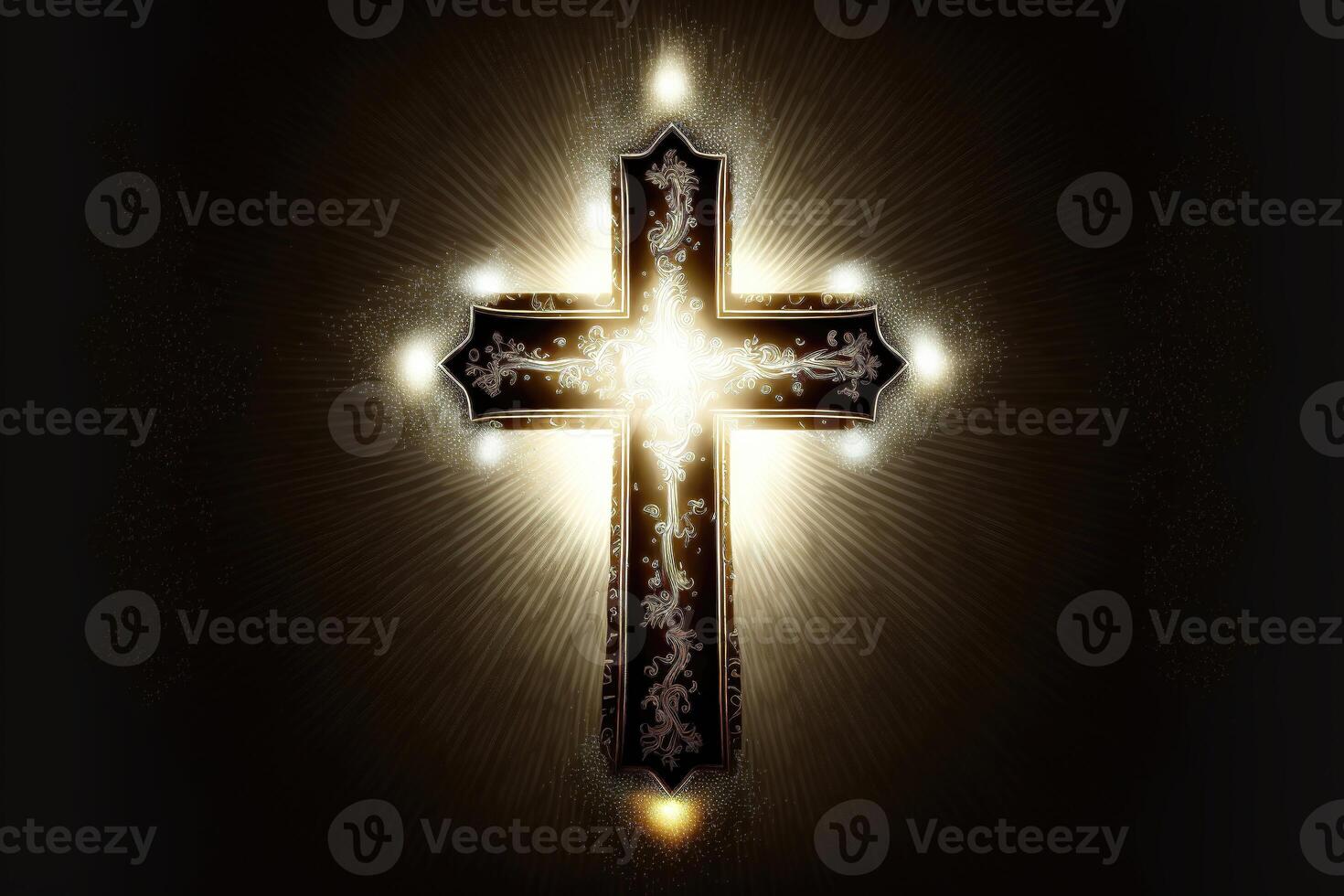 ai gerado religioso Cruz dentro abstrato papel de parede com brilhando ouro brilhos e radiante luzes. simbolismo do céu ou a ressurreição. foto