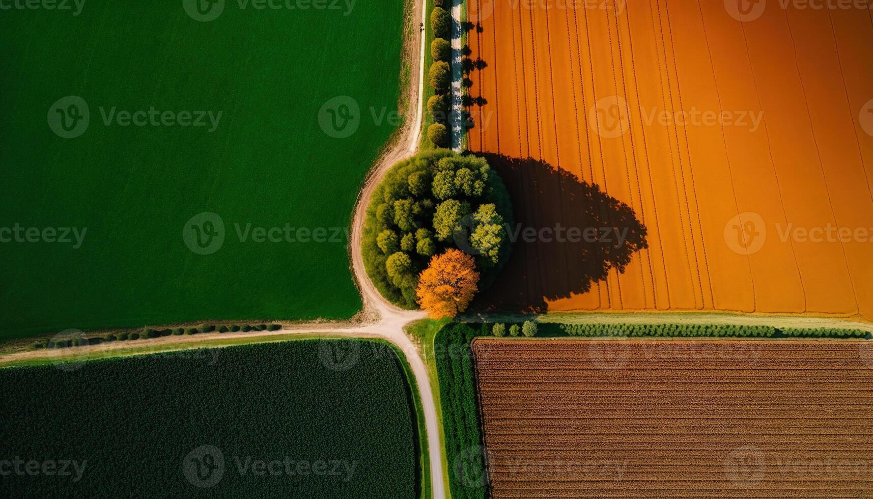 generativo ai, Fazenda paisagem, agrícola Campos, lindo interior, país estrada. natureza ilustração, fotorrealista topo Visão drone, horizontal bandeira. foto