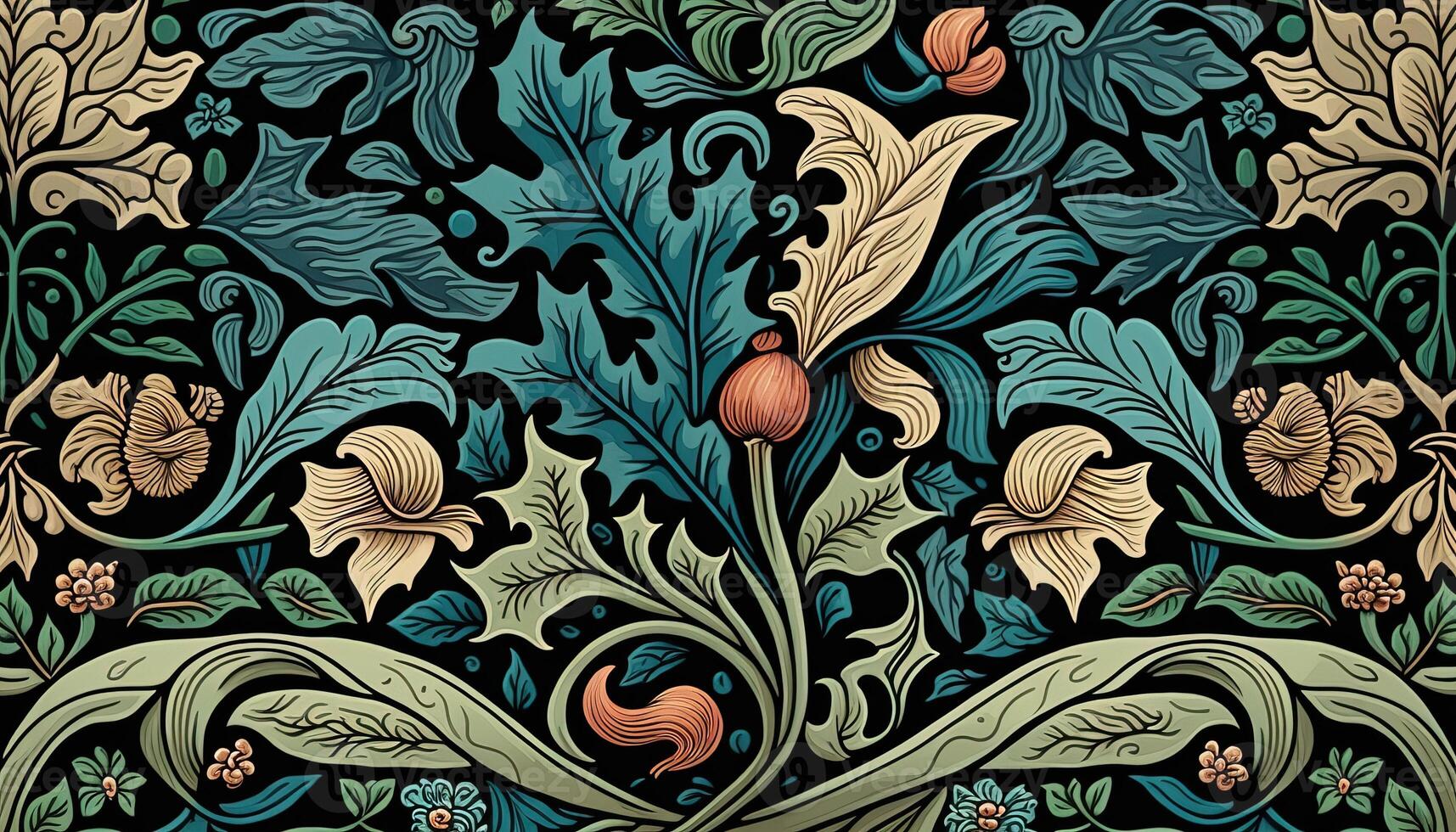 generativo ai, floral colorida padronizar. William Morris inspirado natural plantas e flores fundo, vintage ilustração. folhagem ornamento. foto