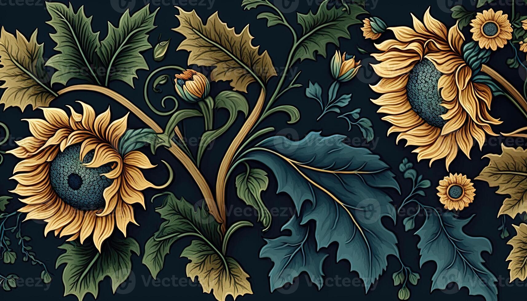 generativo ai, floral colorida padronizar. William Morris inspirado natural plantas e girassóis fundo, vintage ilustração. folhagem ucraniano ornamento. foto