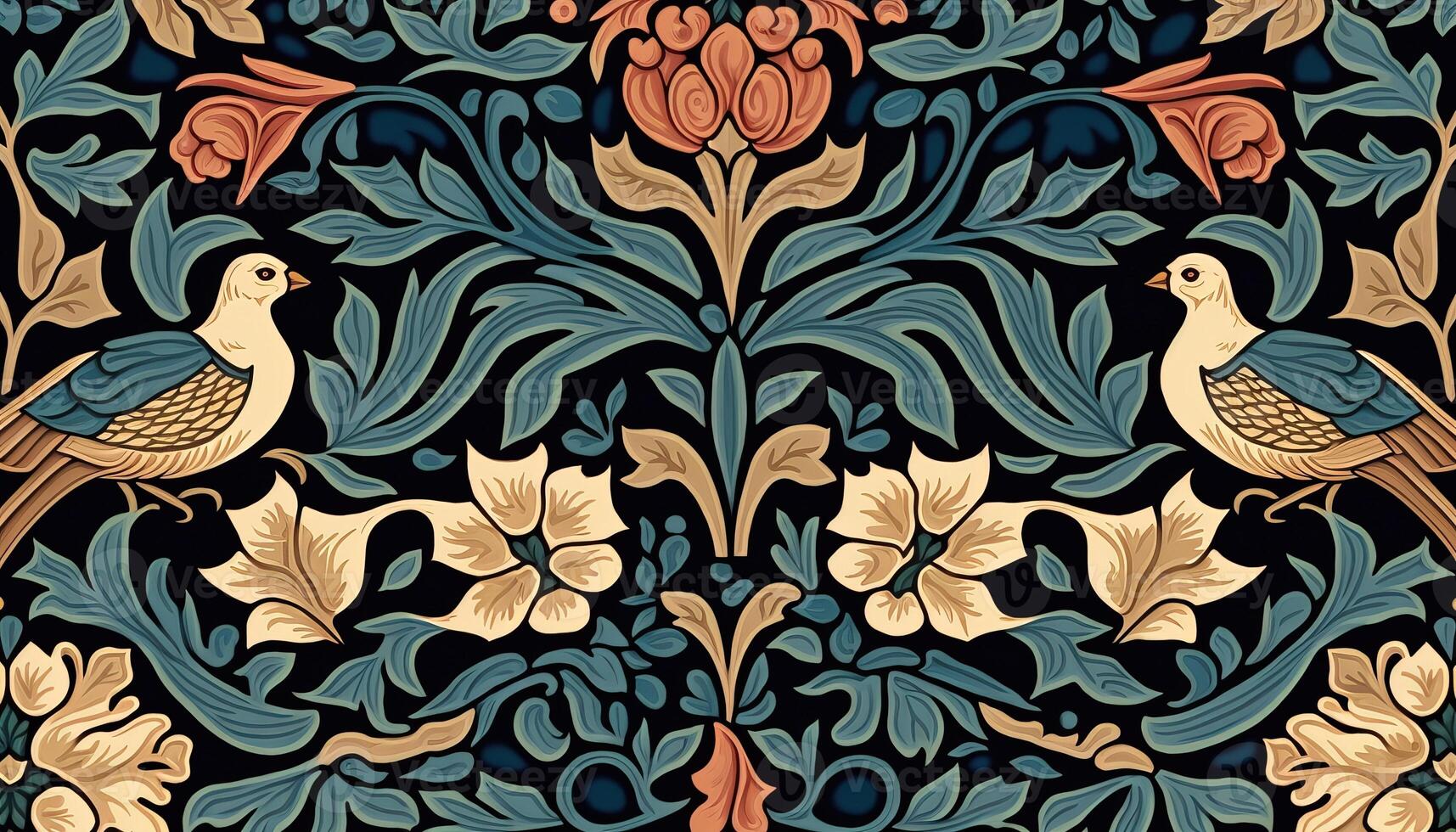 generativo ai, floral colorida padronizar. William Morris inspirado natural plantas e flores fundo, vintage ilustração. folhagem ornamento. foto