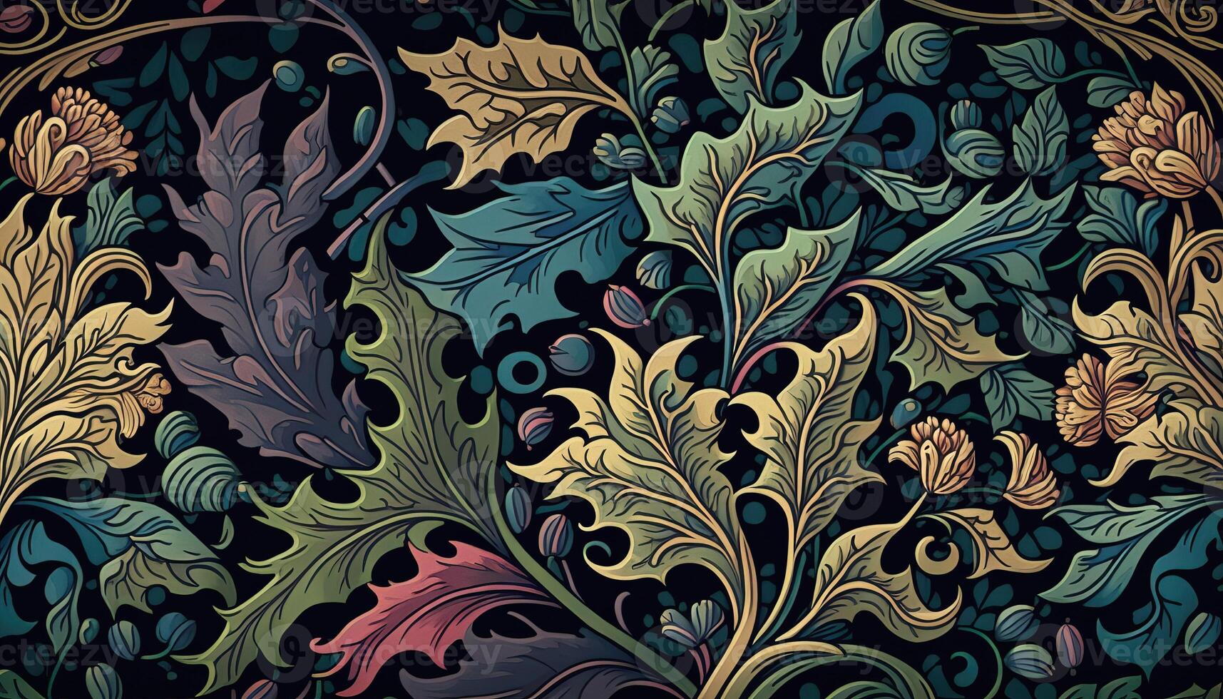 generativo ai, floral colorida padronizar. William Morris inspirado natural plantas e flores fundo, vintage ilustração. folhagem ornamento. foto