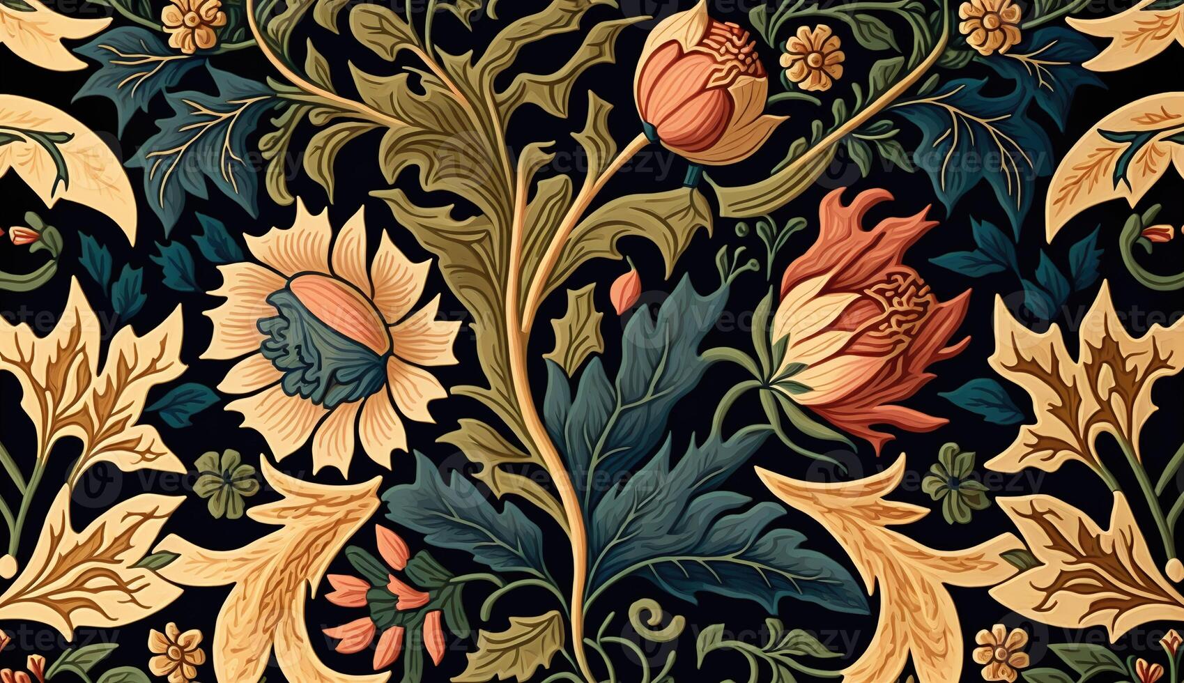 generativo ai, floral colorida padronizar. William Morris inspirado natural plantas e flores fundo, vintage ilustração. folk estilo foto