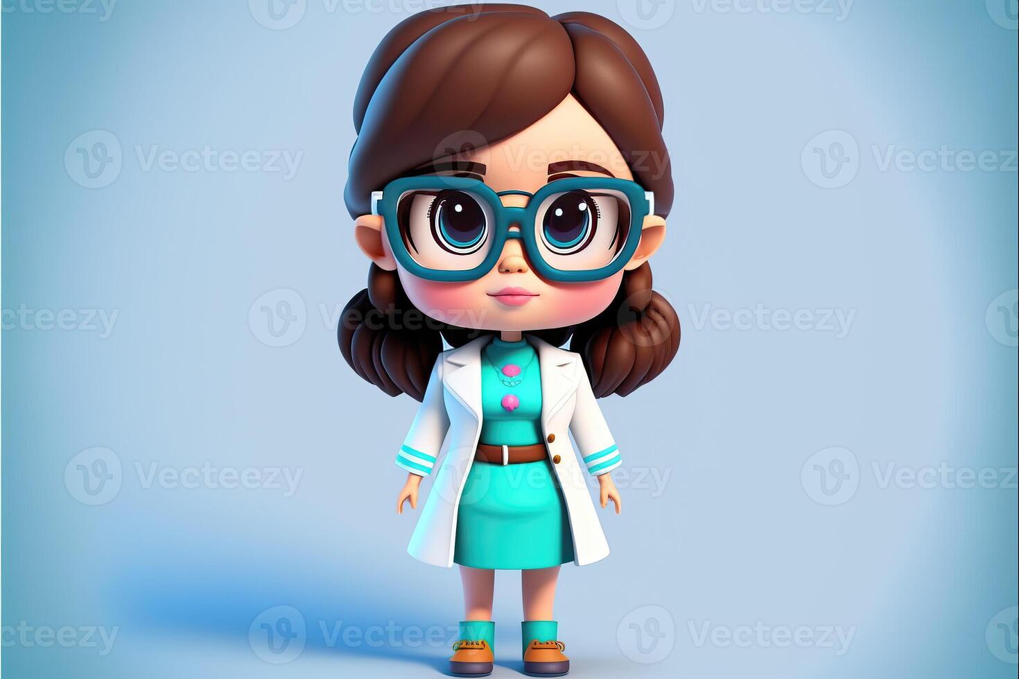 ai gerado fofa jovem menina médico em pé em azul fundo. 3d desenho animado estilo. foto