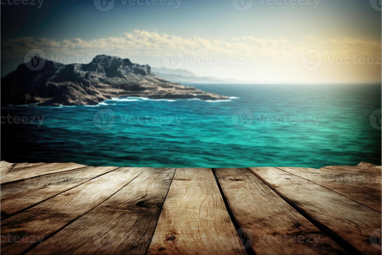 ai gerado de madeira mesa fundo com panorama do mar. foto