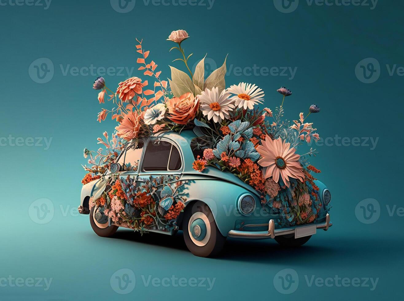 flor decoração enfeites a carro cobrir do uma retro hippie veículo, criando uma deslumbrante floral conceito isso é perfeito para uma Casamento ou romântico amor presente. generativo ai foto