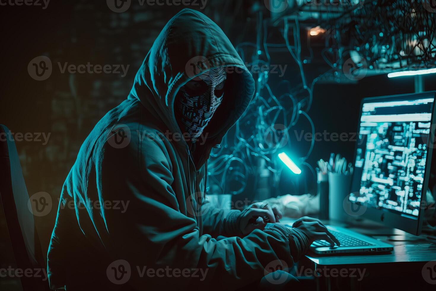 encapuzado hacker com mascarar usando computador portátil pausa ou ataque para dentro dados servidor. hackear, codificação ou malware conceito. generativo ai foto