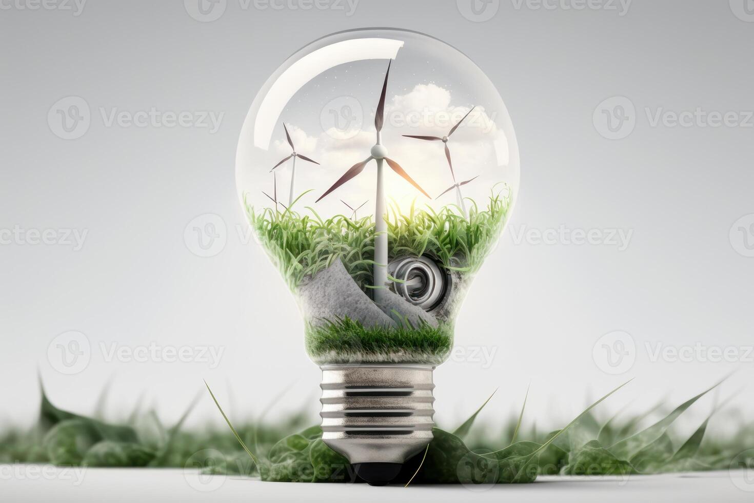 luz lâmpada com vento turbina e verde gramíneas dentro, verde e sustentável energia conceito. generativo ai foto