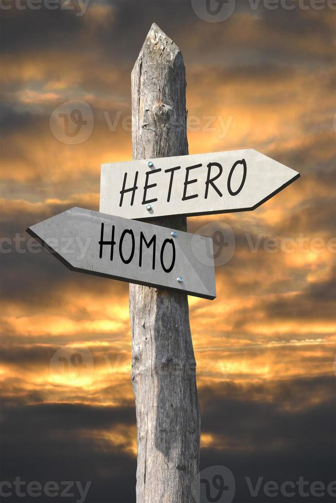 hetero ou homo - de madeira placa de sinalização com dois Setas; flechas e pôr do sol céu foto