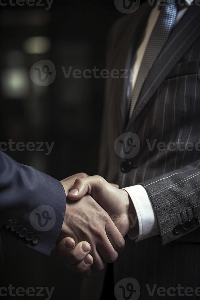 empresários aperto de mãos dentro a escritório, criada com generativo ai foto