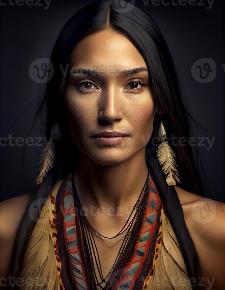 lindo nativo americano mulher, criada com generativo ai foto