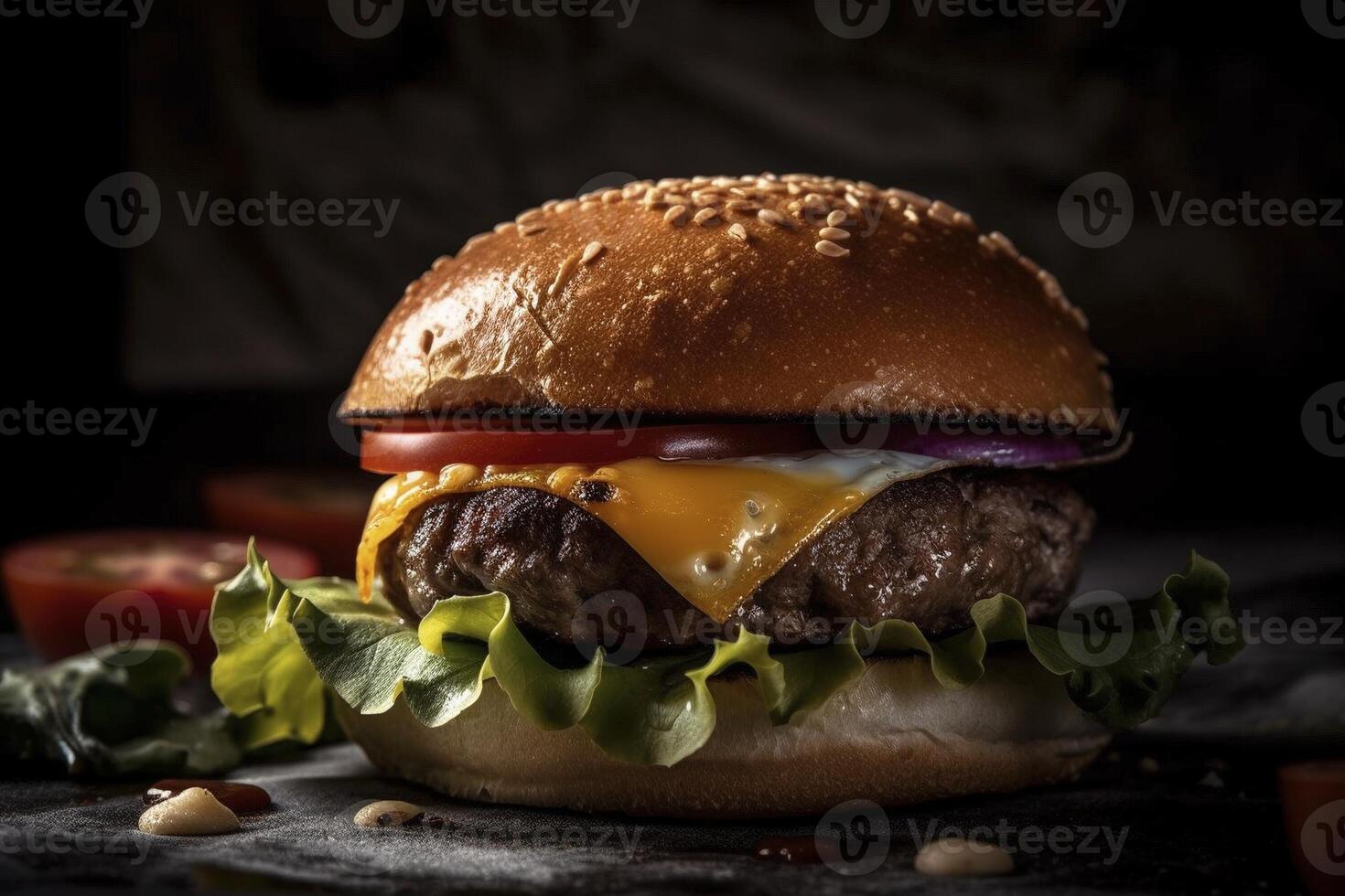 delicioso hamburguer em a mesa, criada com generativo ai foto