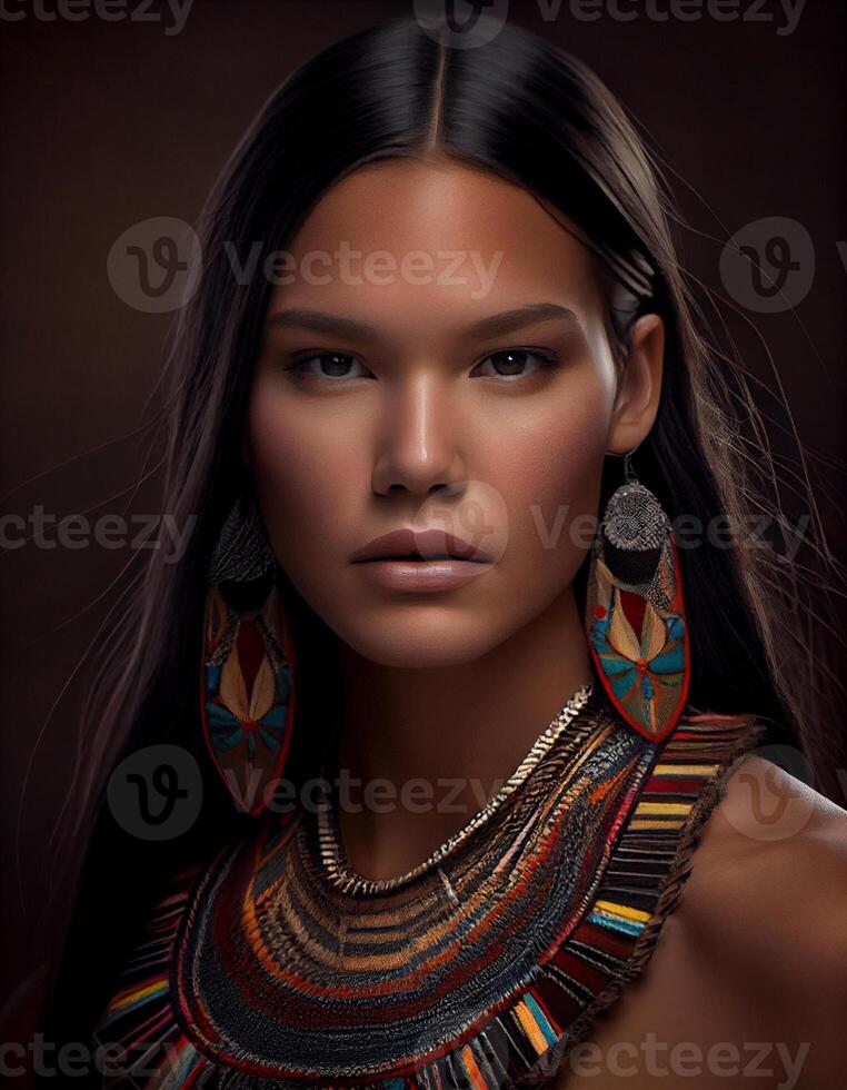 lindo nativo americano mulher, criada com generativo ai foto