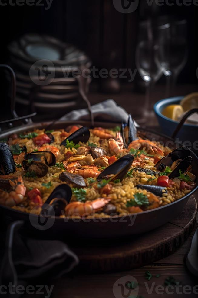 tradicional espanhol paella com frutos do mar e frango foto