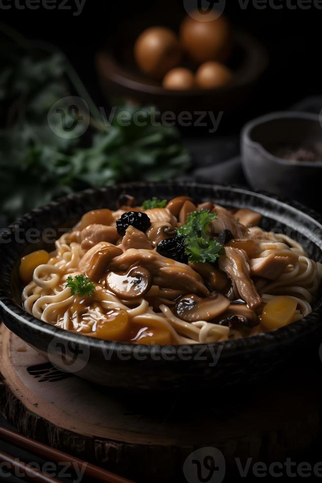 tradicional Macarrão com shimeji cogumelos e frango. foto