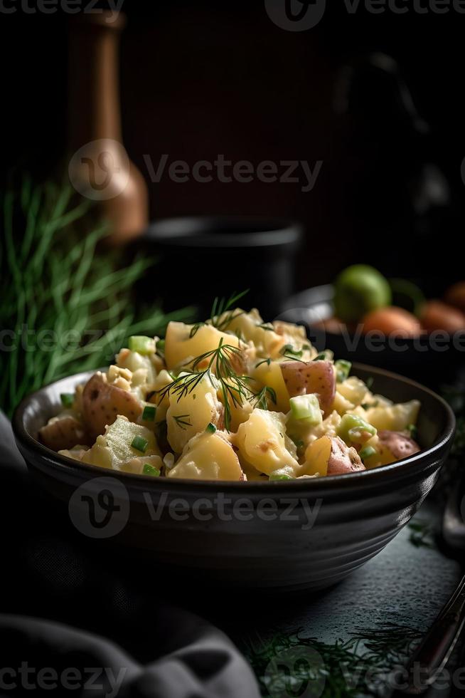 tradicional alemão batata salada com pepino, cebola e maionese. foto