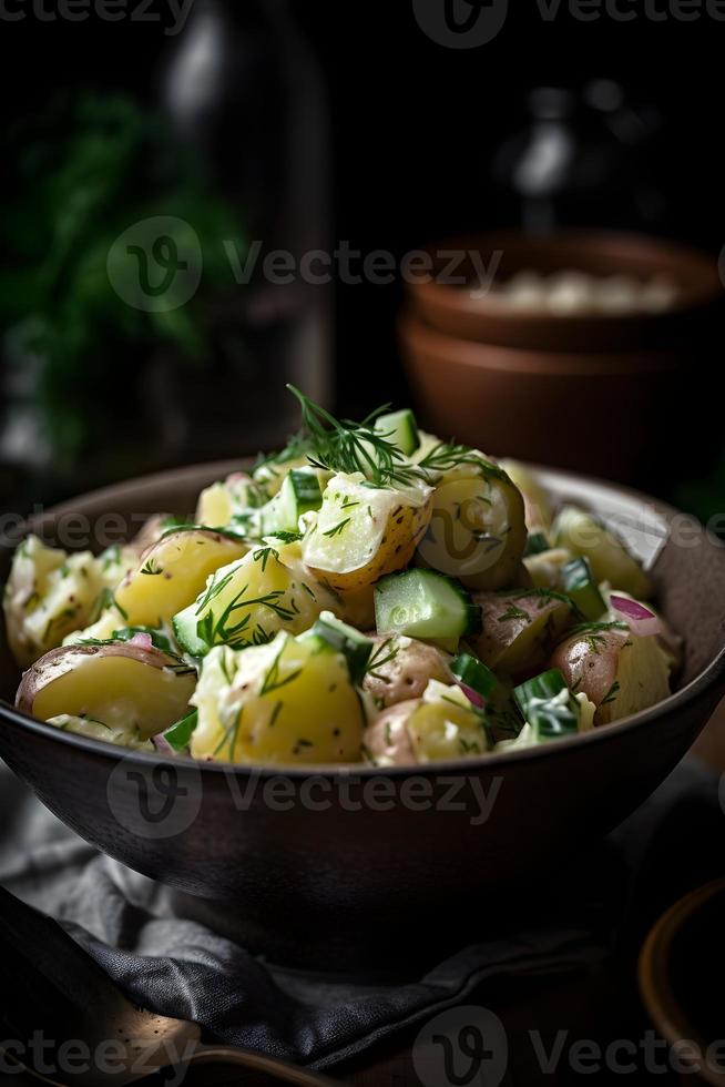 tradicional alemão batata salada com pepino, cebola e maionese. foto