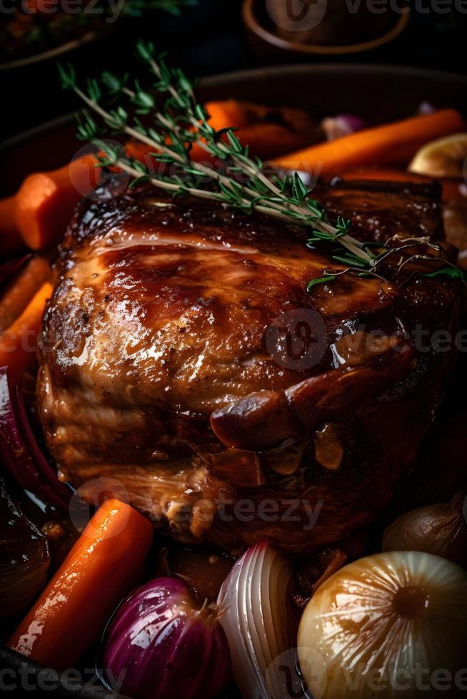 todo assado carne de porco pescoço, cozido dentro vinho com legumes. foto