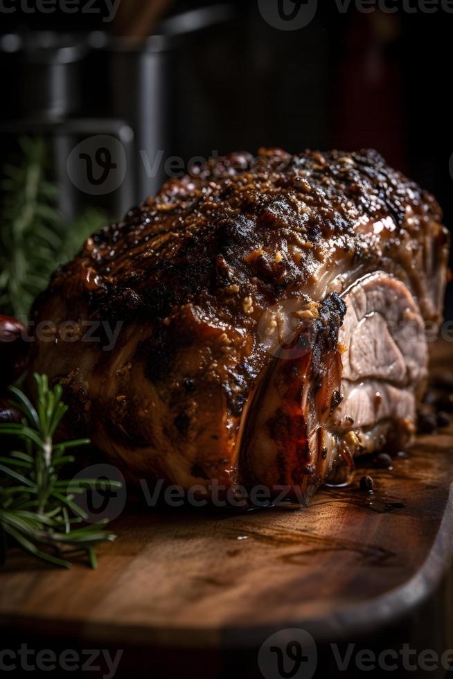 todo assado carne de porco pescoço, cozido dentro vinho com legumes. foto