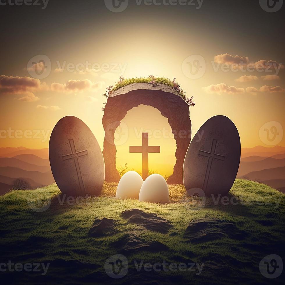 Aumentar acima a esvaziar túmulo e três cruzes do Páscoa nascer do sol fundo foto