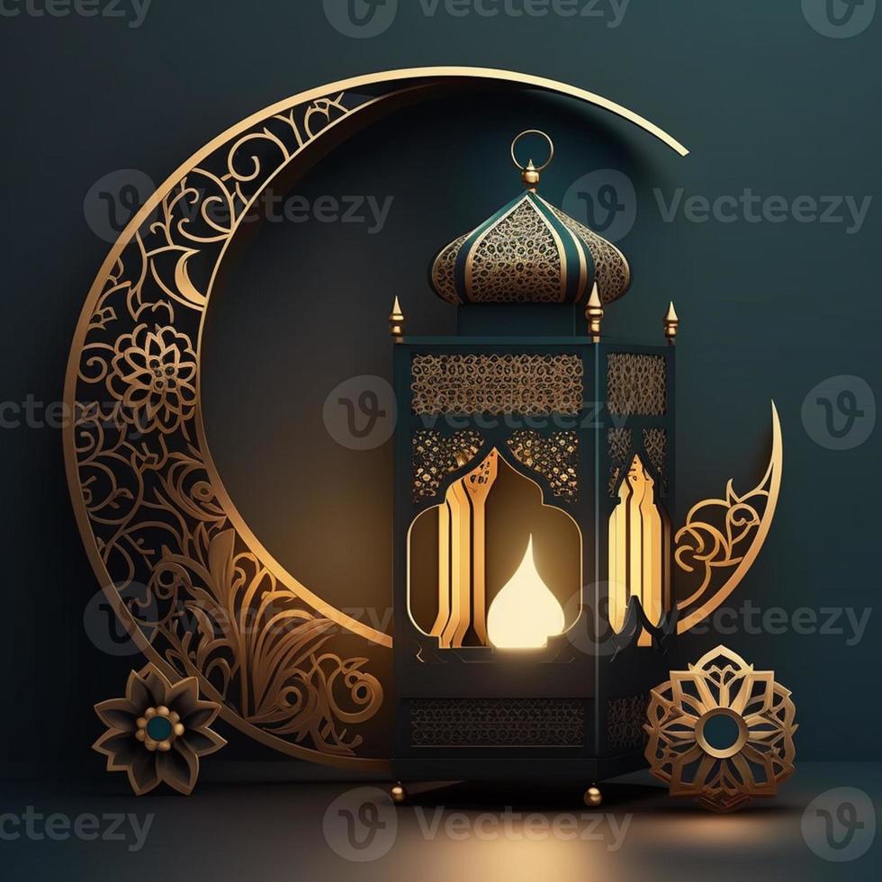 decorativo Ramadã brilhando lanterna, muharram, Ramadã kareem, mawlid, iftar, isra miraj,eid Mubarak dourado luxo lua com Sombrio esverdeado fundo foto