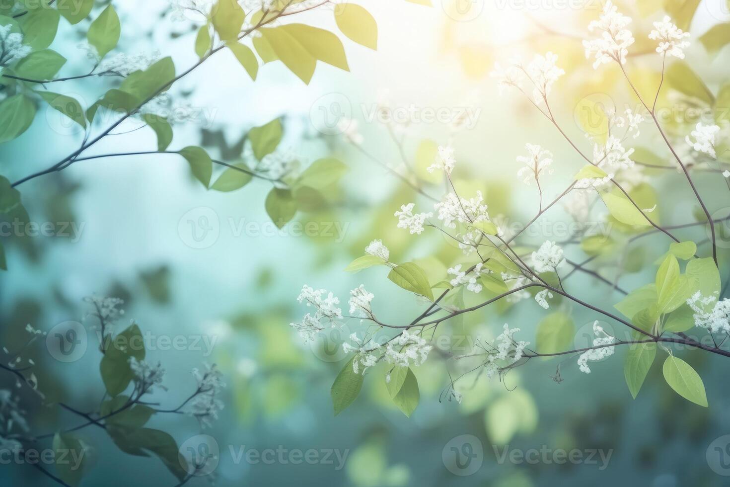 uma lindo Primavera fundo com folhas e pequeno flores em uma luz fundo criada com generativo ai tecnologia. foto