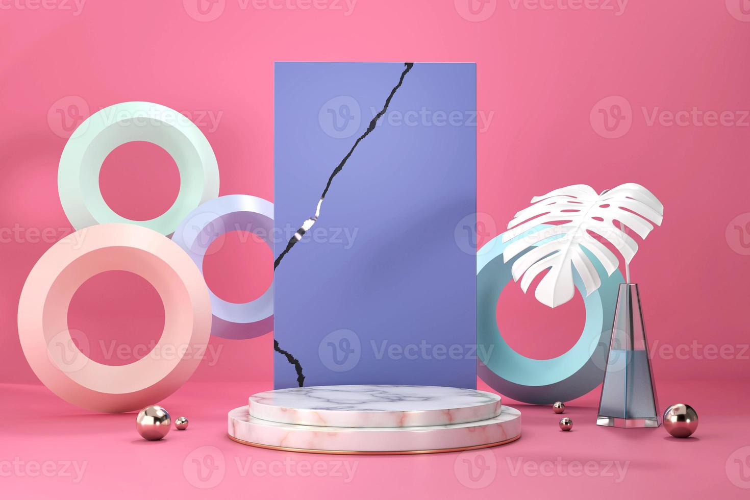 Pódio de mármore para vitrine de exposição de produtos com decoração de vaso Monstera renderização em 3D foto