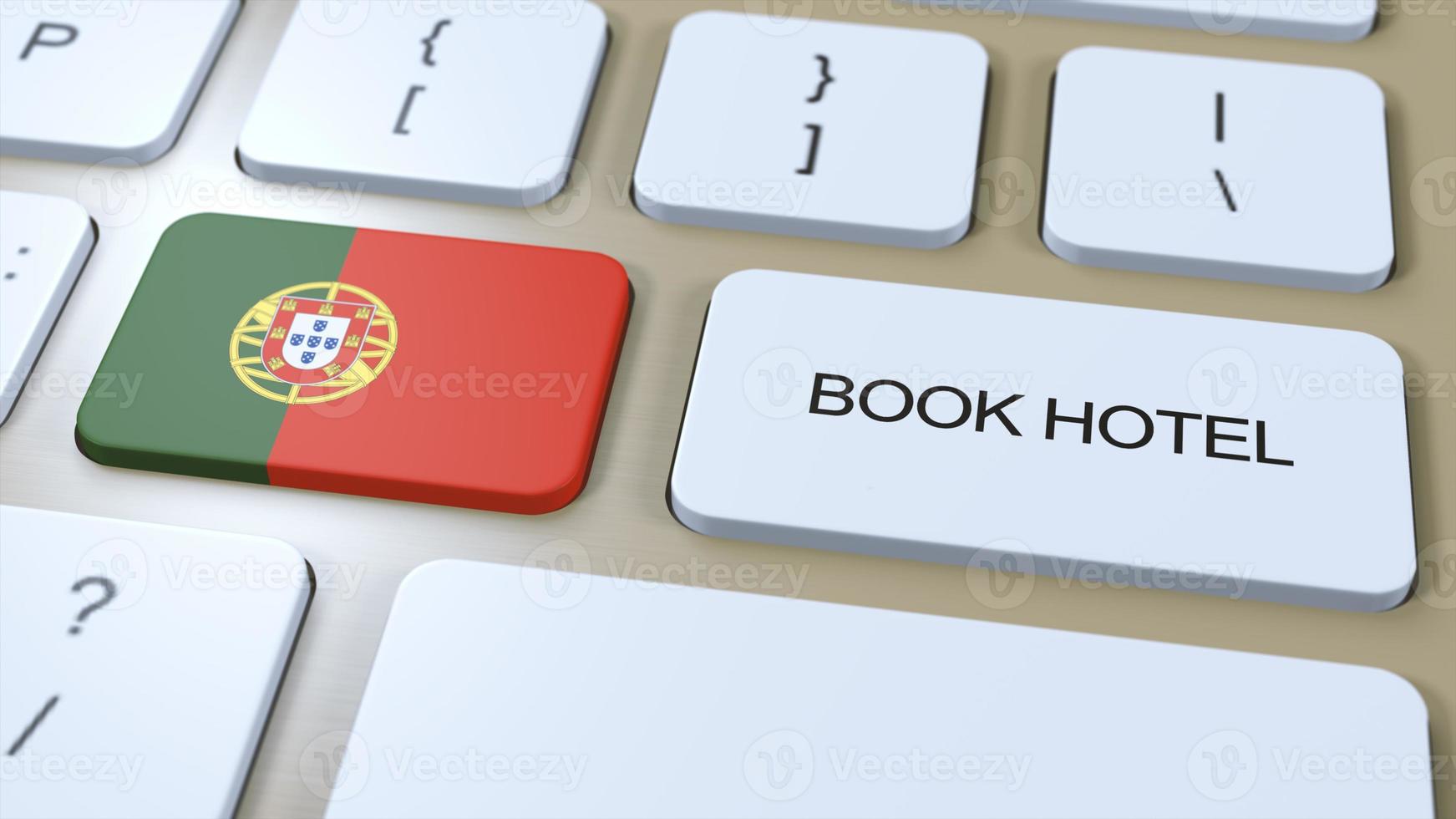 livro hotel dentro Portugal com local na rede Internet on-line. botão em computador teclado. viagem conceito 3d animação. livro hotel texto e nacional bandeira. 3d ilustração foto