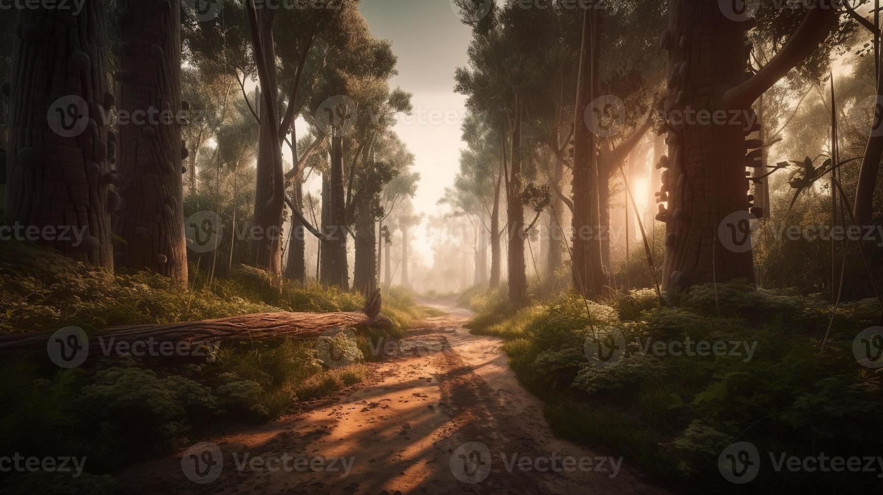 nebuloso caminho através a floresta ,pôr do sol dentro uma Sombrio floresta com raios do luz passagem através a árvores foto