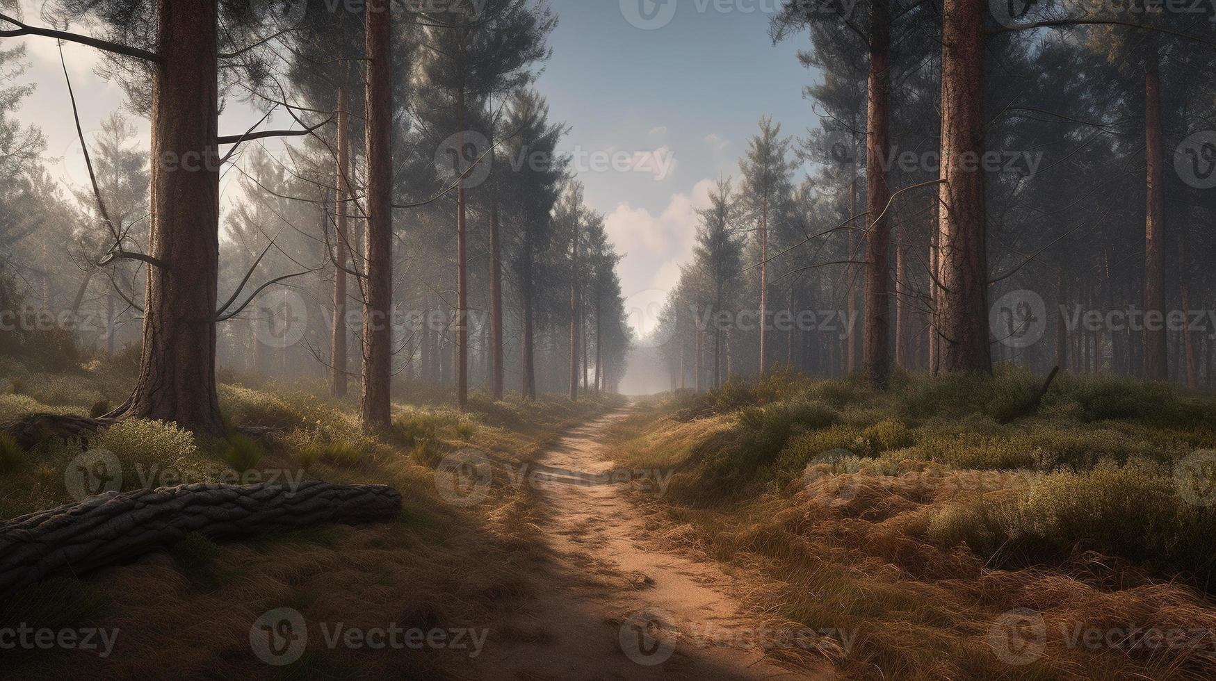 nebuloso caminho através a floresta ,pôr do sol dentro uma Sombrio floresta com raios do luz passagem através a árvores foto