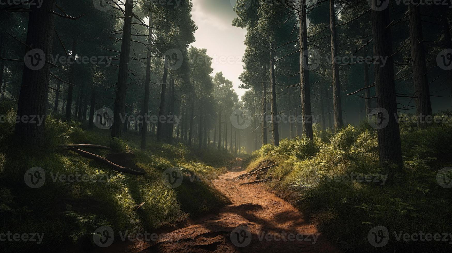 nebuloso caminho através a floresta ,pôr do sol dentro uma Sombrio floresta com raios do luz passagem através a árvores foto