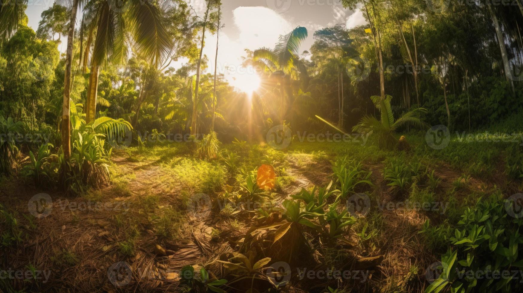 uma pacífico floresta compensação banhado dentro caloroso luz solar, cercado de alta árvores e exuberante folhagem, com uma □ Gentil corrente escorrendo através a vegetação rasteira e uma distante montanha alcance visível foto