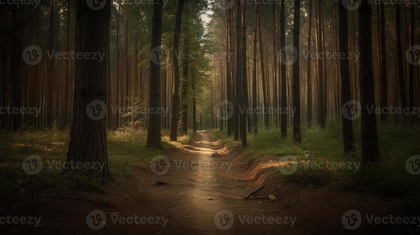 nebuloso caminho através a floresta ,pôr do sol dentro uma Sombrio floresta com raios do luz passagem através a árvores foto