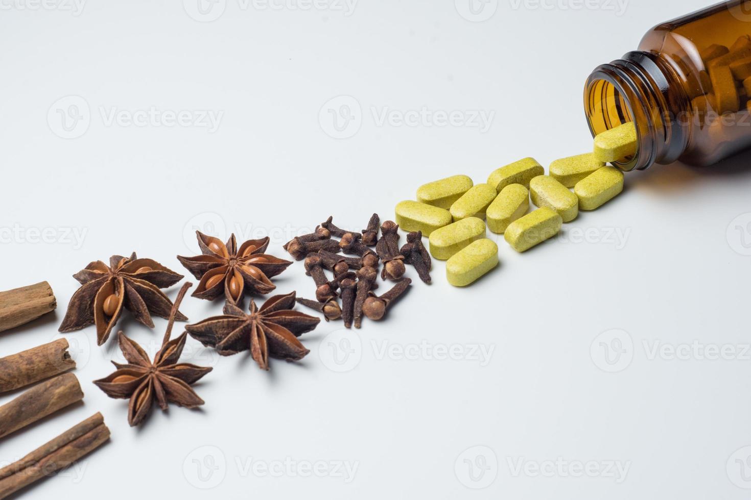 alternativo saúde Cuidado comprimidos pílulas fresco ervas comprimidos, tradicional medicamento, com ingredientes do seco ervas e ervas simplicia, esverdeado amarelo pílulas em branco fundo foto