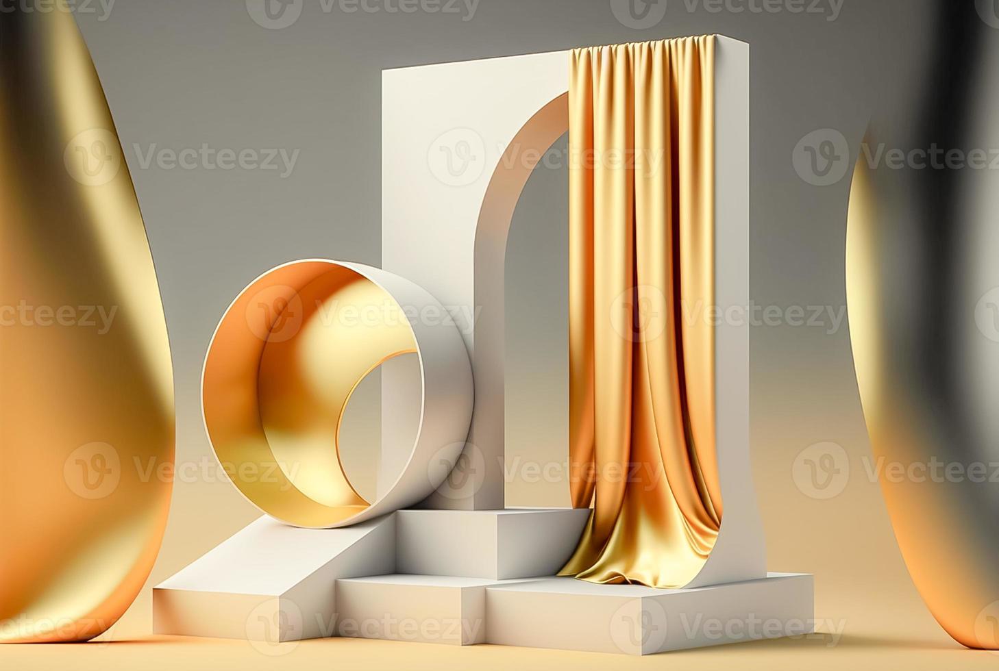 foto 3d Renderização do a realista ouro pódio dentro luxo e mínimo Projeto com dourado cortinas