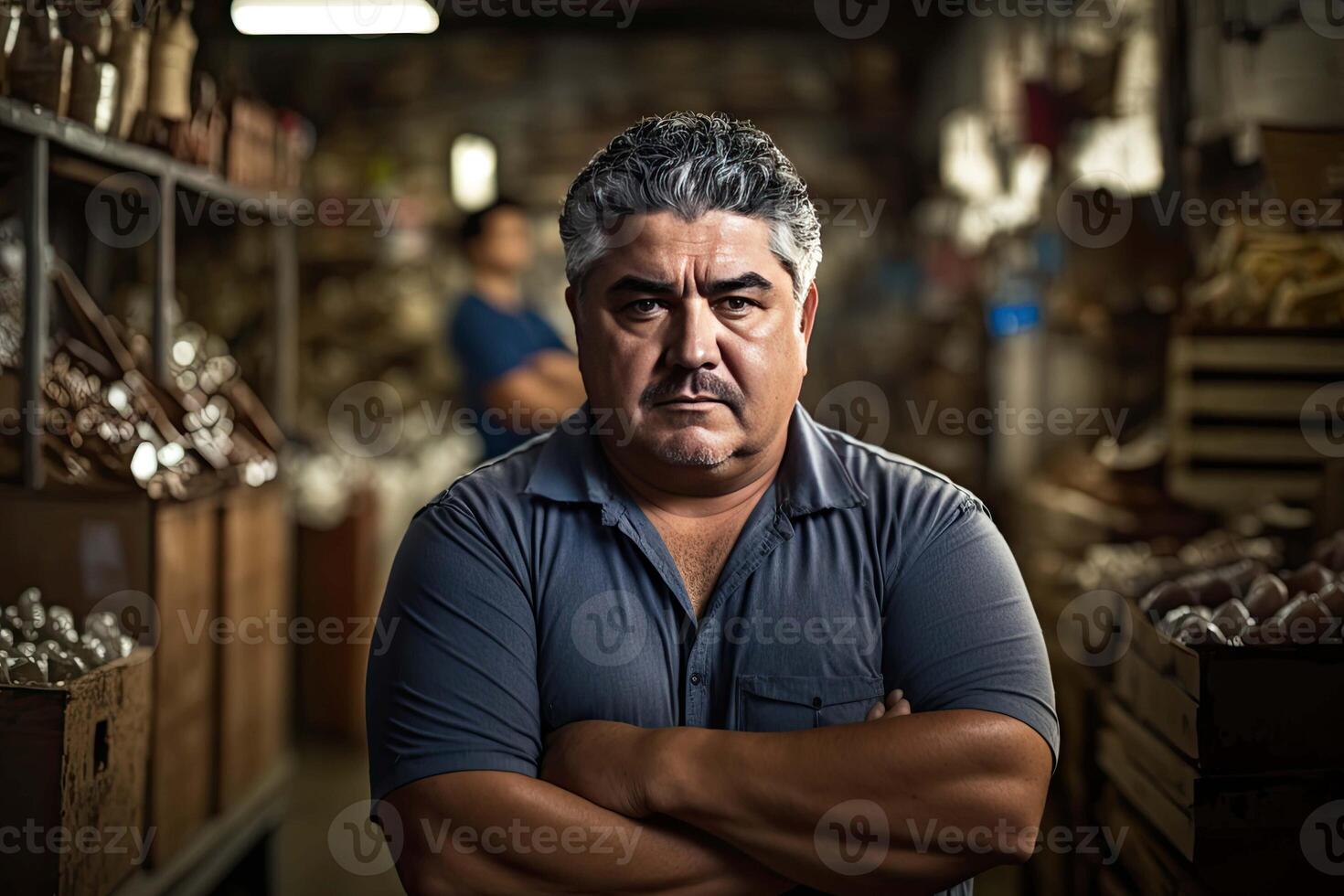 retrato do pequeno o negócio proprietário. Tiros na Cabeça do homem olhando às Câmera com fazer compras Como fundo. criada com generativo ai foto