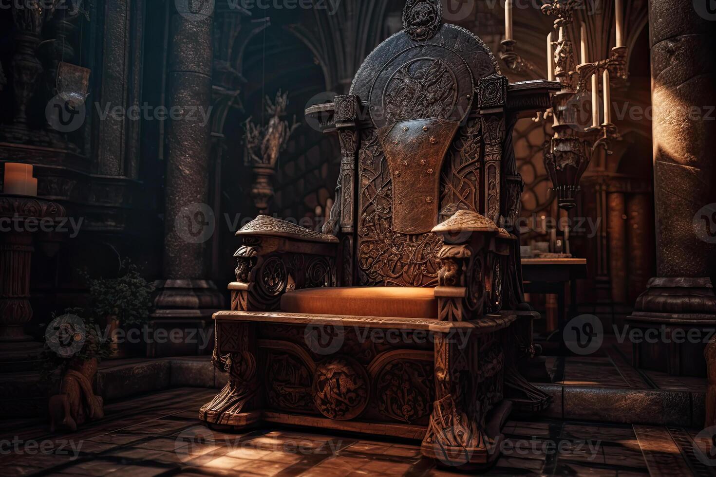 esvaziar real trono dentro Sombrio castelo corredor. fantasia medieval trono para rei. criada com generativo ai foto