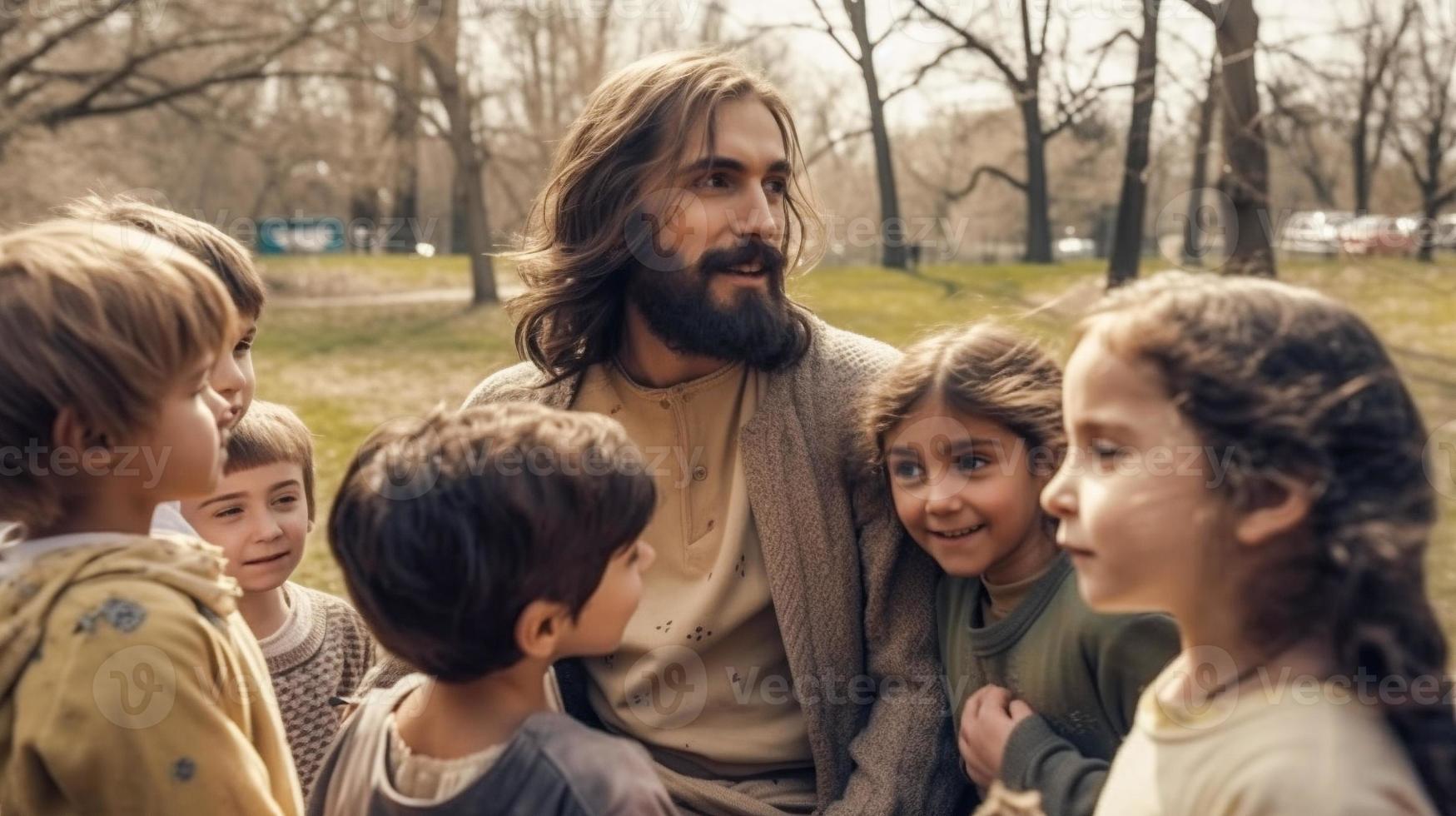 moderno dia Jesus falando e jogando com jovem crianças dentro a parque - generativo ai. foto