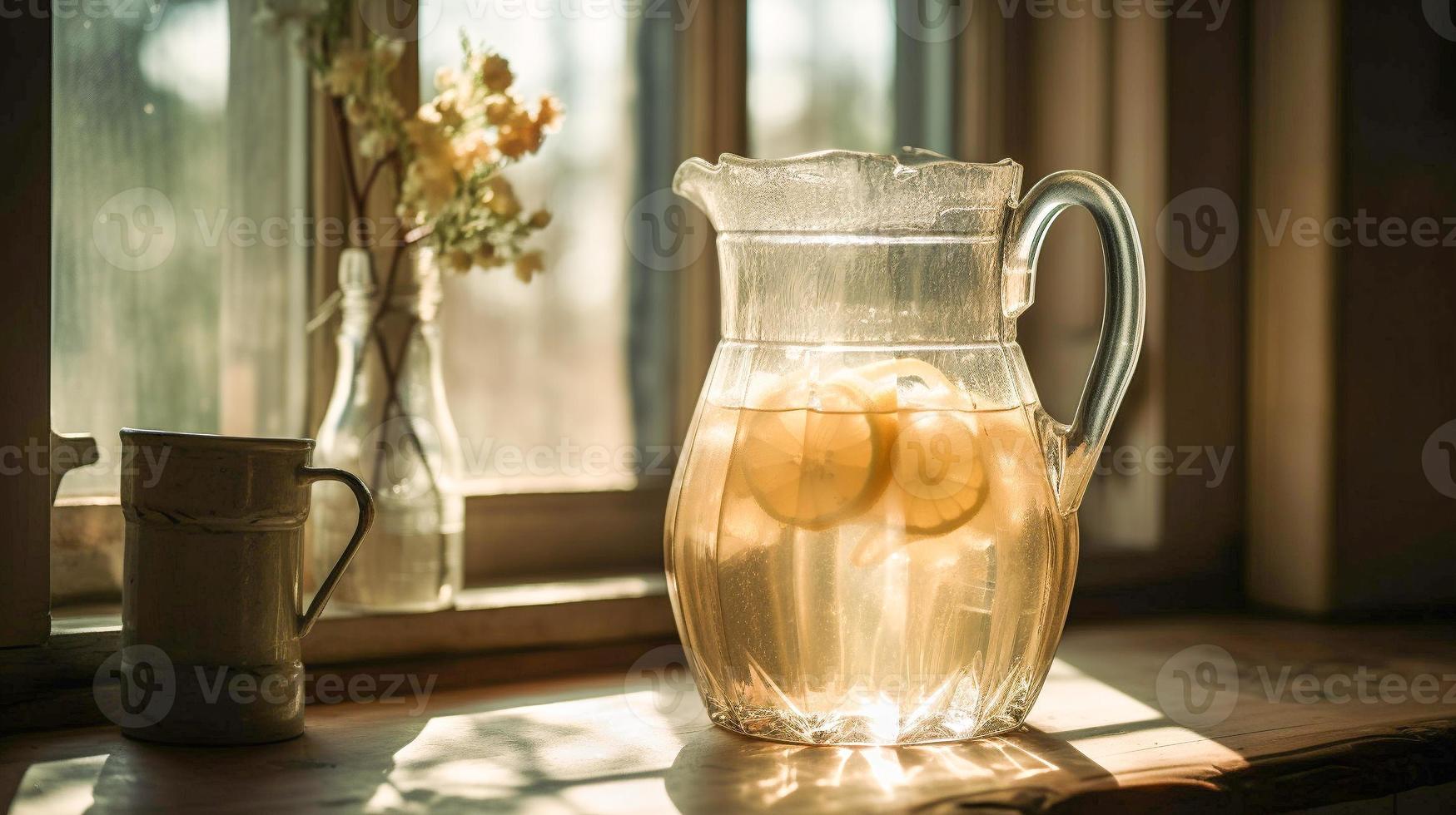tranquilo país cozinha contador com uma jarro do fresco limonada - generativo ai. foto