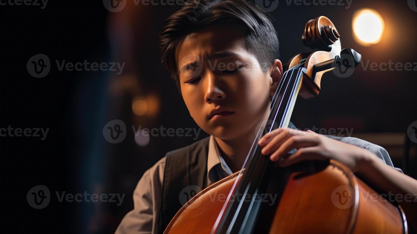jovem ásia Garoto jogando dele violoncelo às a show corredor debaixo dramático luzes - geração ai. foto