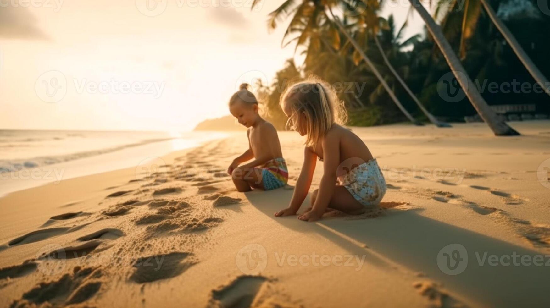 férias crianças tendo Diversão em a de praia jogando dentro a areia - geração ai. foto