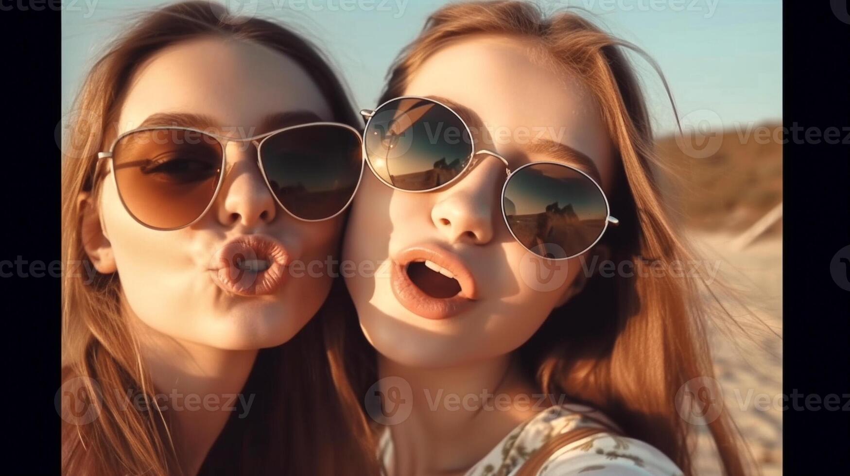 dois jovem amigas posando vestindo oculos de sol tendo Diversão em a de praia - geração ai. foto