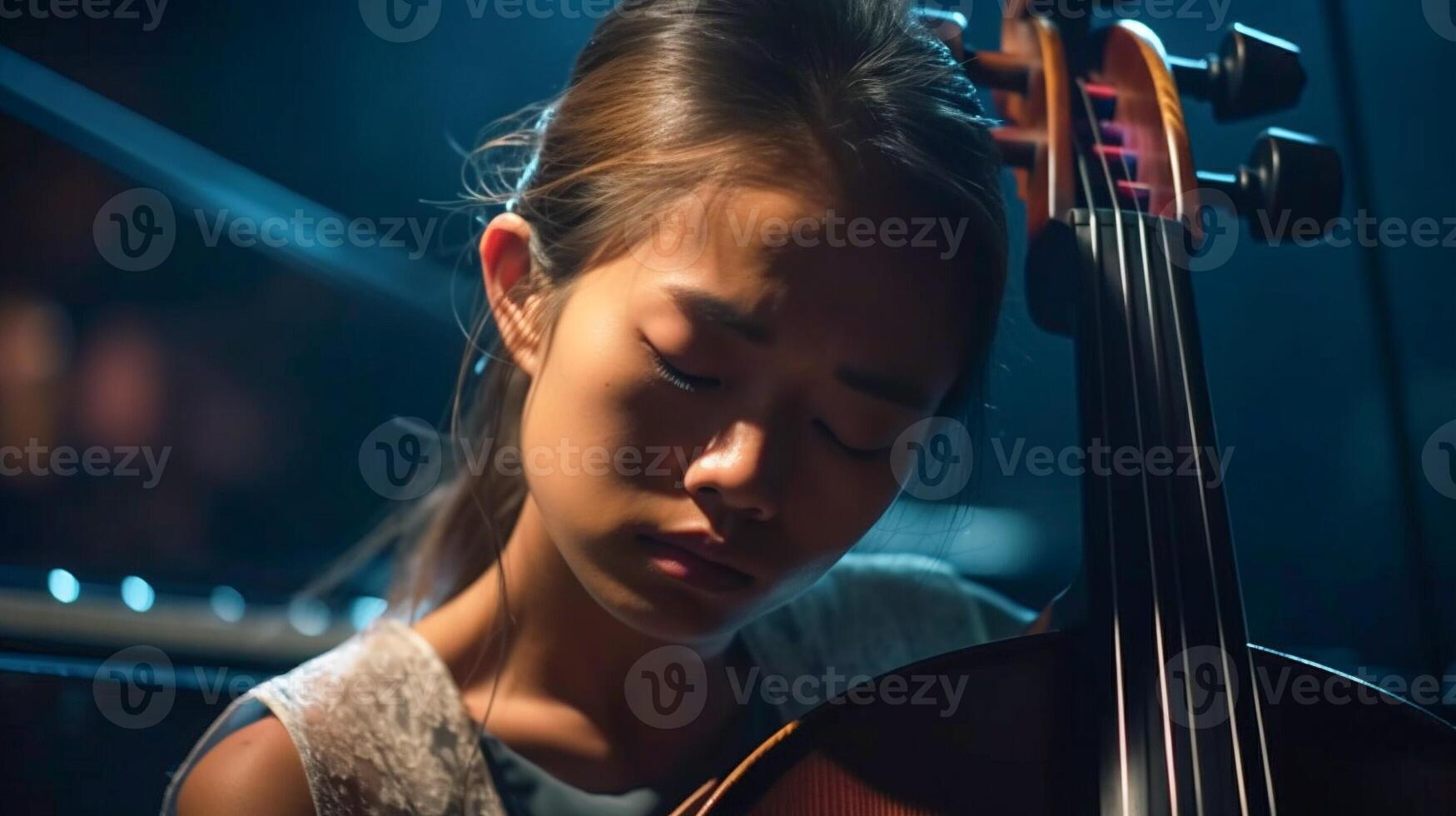 jovem ásia menina jogando dela violoncelo às a show corredor debaixo dramático luzes - geração ai. foto