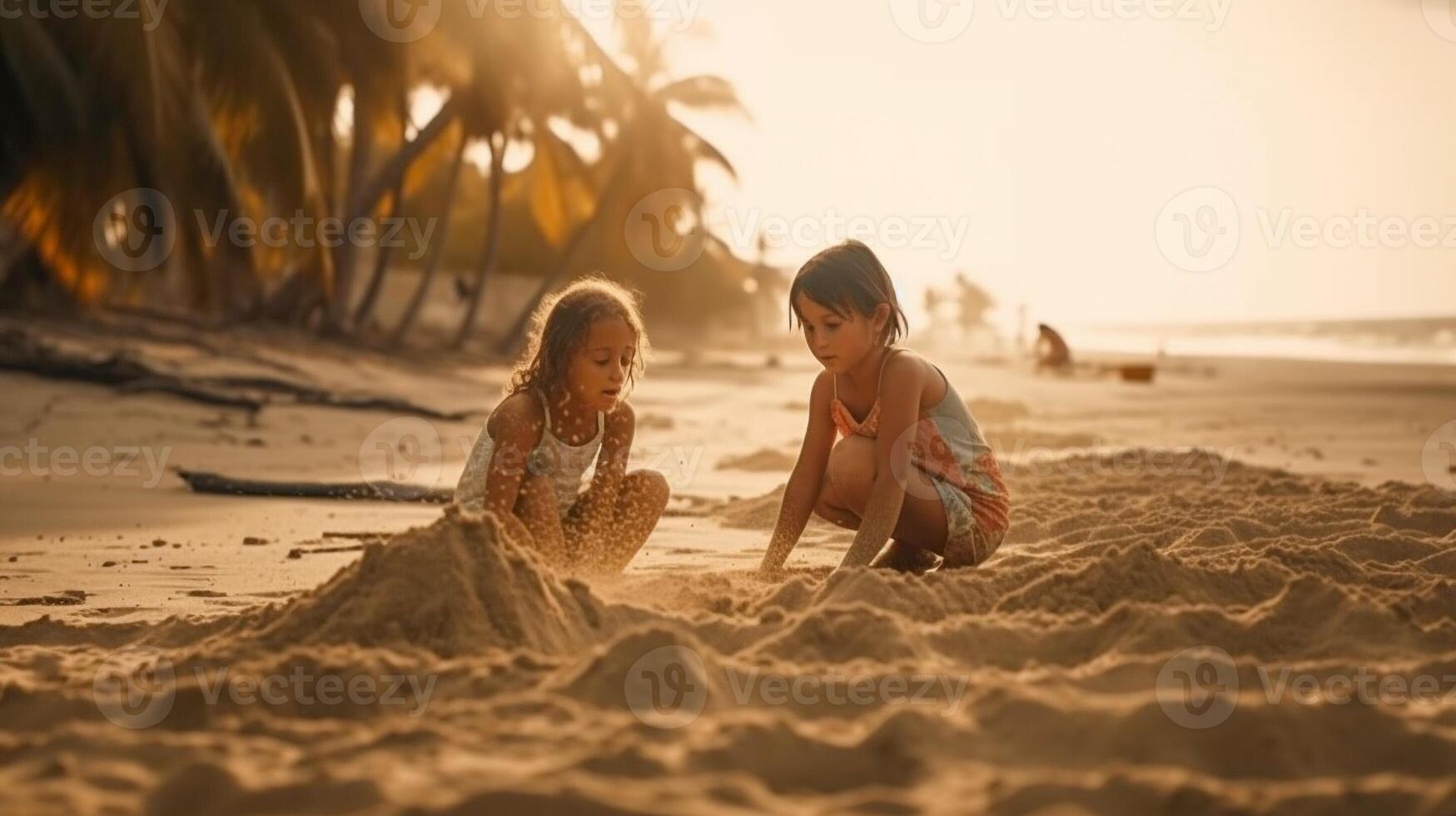 férias crianças tendo Diversão em a de praia jogando dentro a areia - geração ai. foto