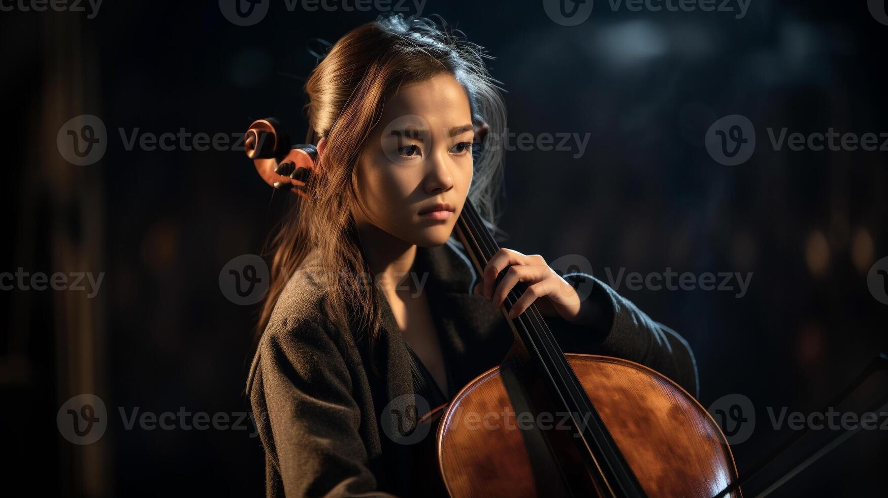 jovem ásia menina jogando dela violoncelo às a show corredor debaixo dramático luzes - geração ai. foto